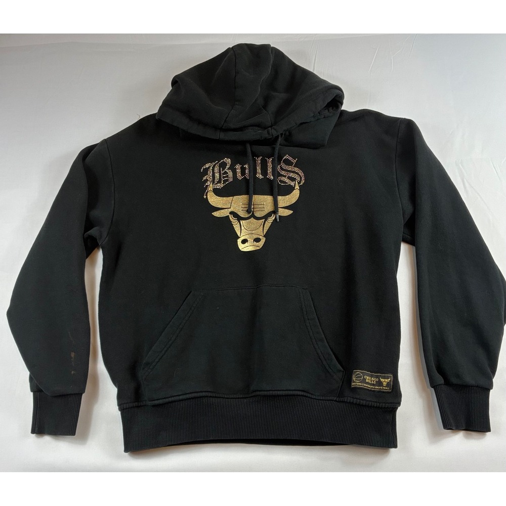 NBA Chicago Bulls Hoodie Mens M Black Gold Foil Rhinestone Pullover Sweatshirt